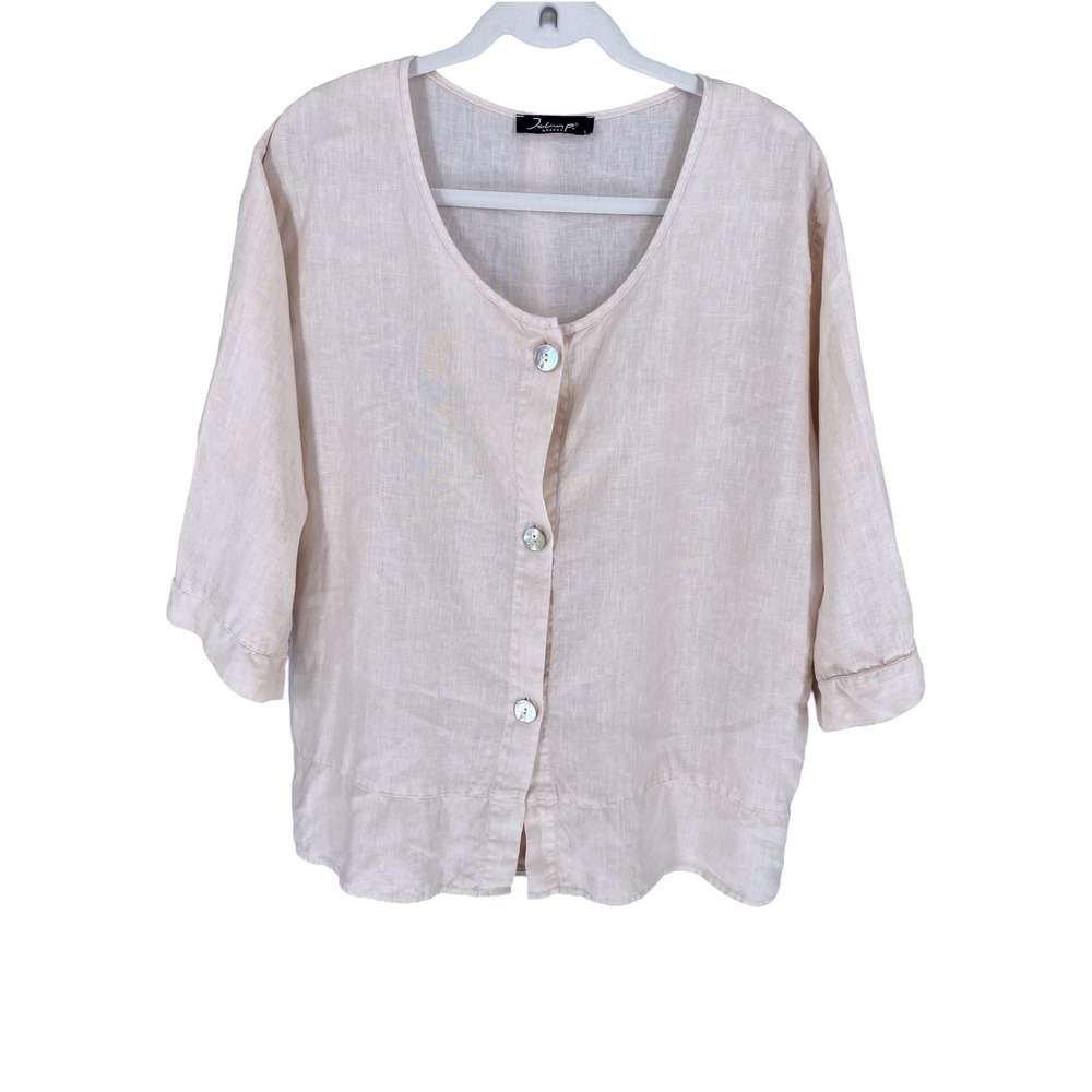 John P. Greece Beige 100% Linen Button Front Top Mother of Pearl Buttons Size L